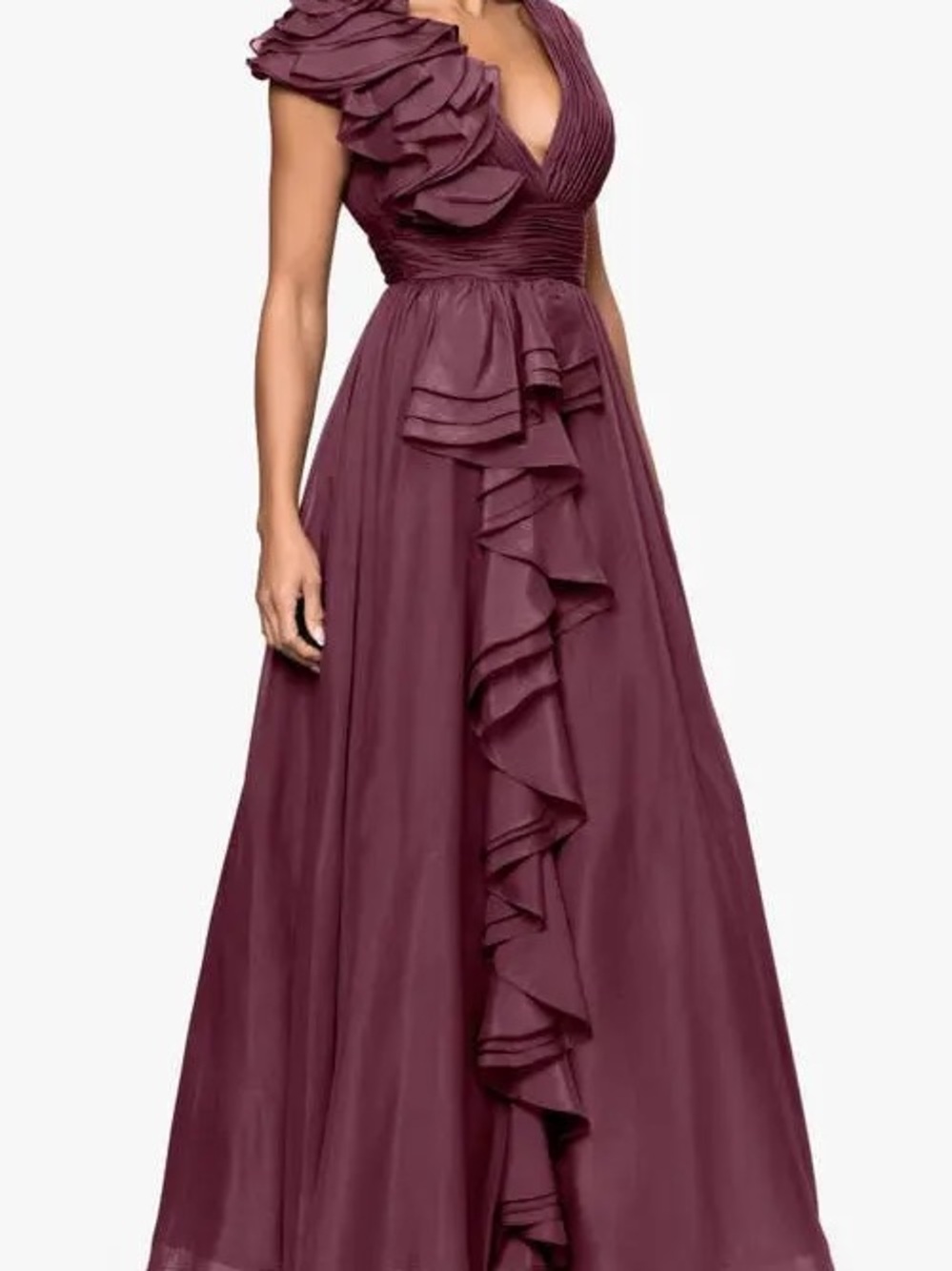 Elegant Plum Ruffled V-Neck Evening Gown